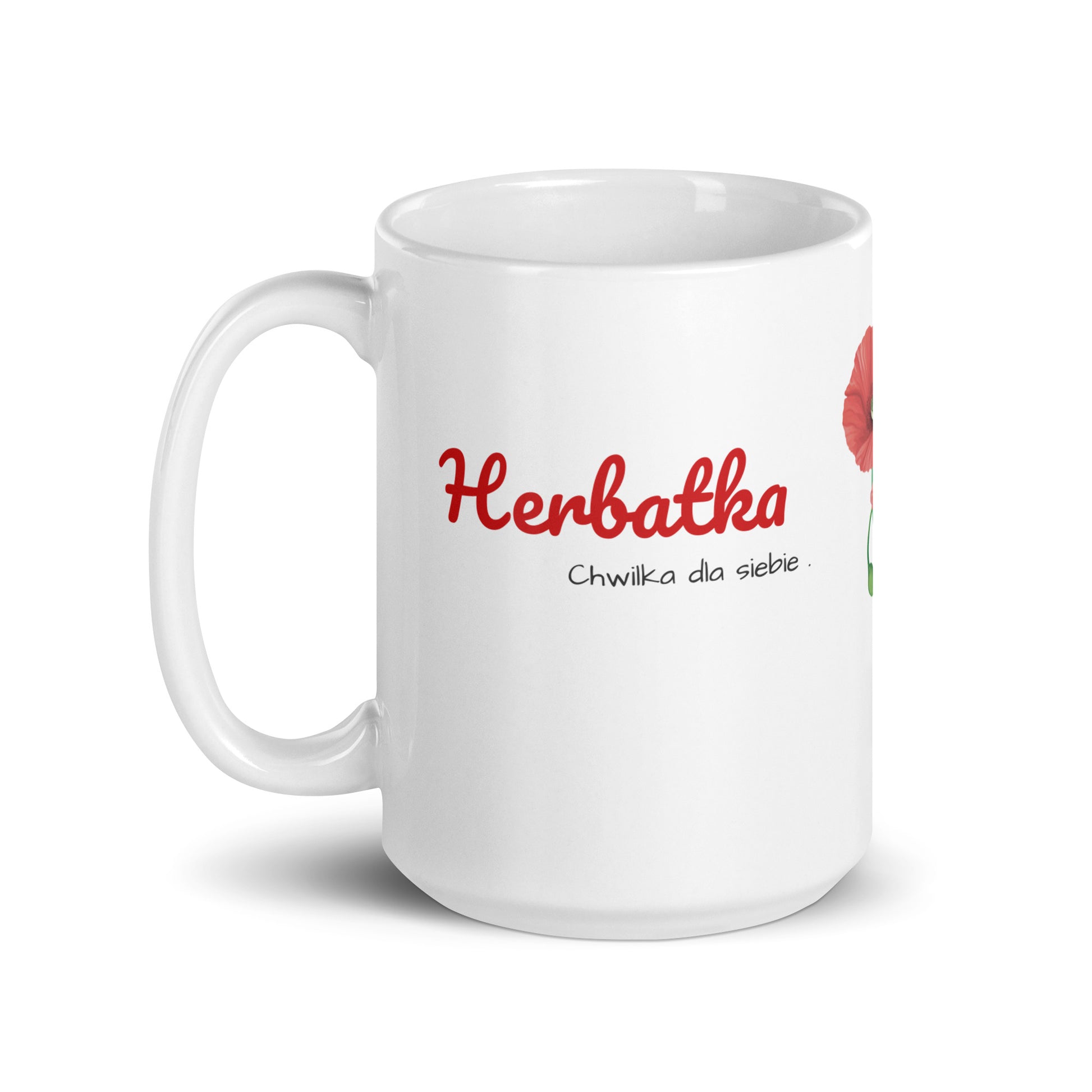 Seitenansicht links der Tasse „Herbatka“ von POLCOUTURE, Design mit Mohnblume, große 15oz Keramiktasse.