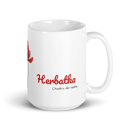 Seitenansicht rechts der Tasse „Herbatka“ von POLCOUTURE, Henkel-Ansicht, florales Mohn-Design für den großen Genuss.