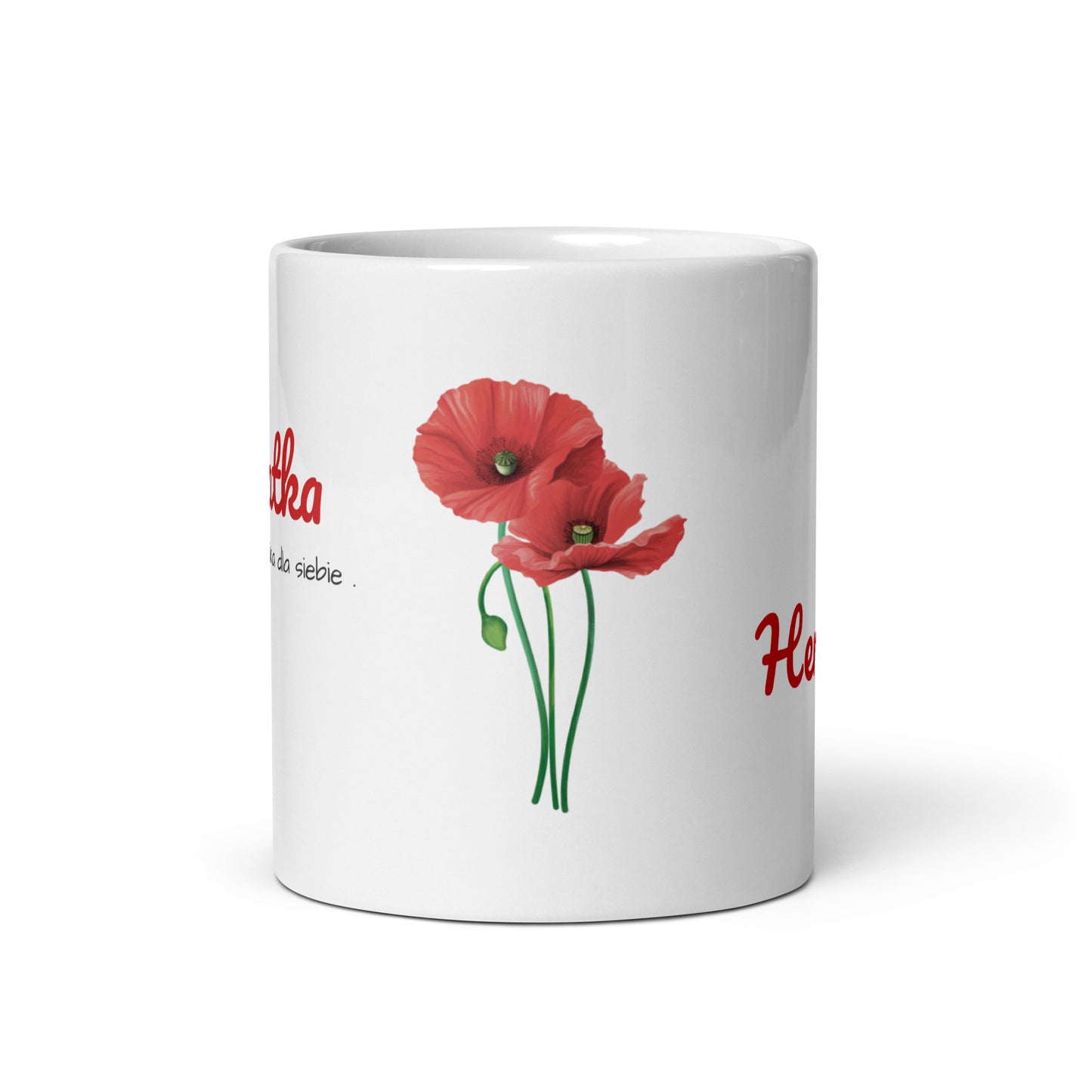 Frontansicht der Tasse „HERBATKA“ vor weißem Hintergrund. Die leuchtend roten Mohnblumen (Maki) sind großflächig zu sehen und geben der POLCOUTURE Tasse ihren floralen Look.